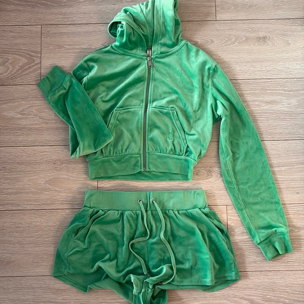 H&M Green Velour Zip Up Hoodie & Shorts Set